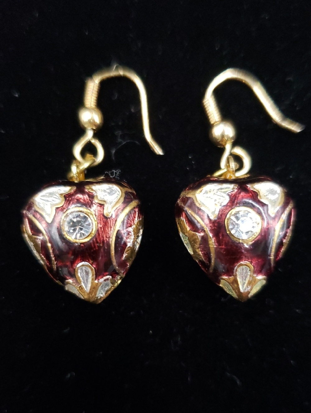 Burgundy Heart Drop Cloisonne Style Earrings with Crystal Accents